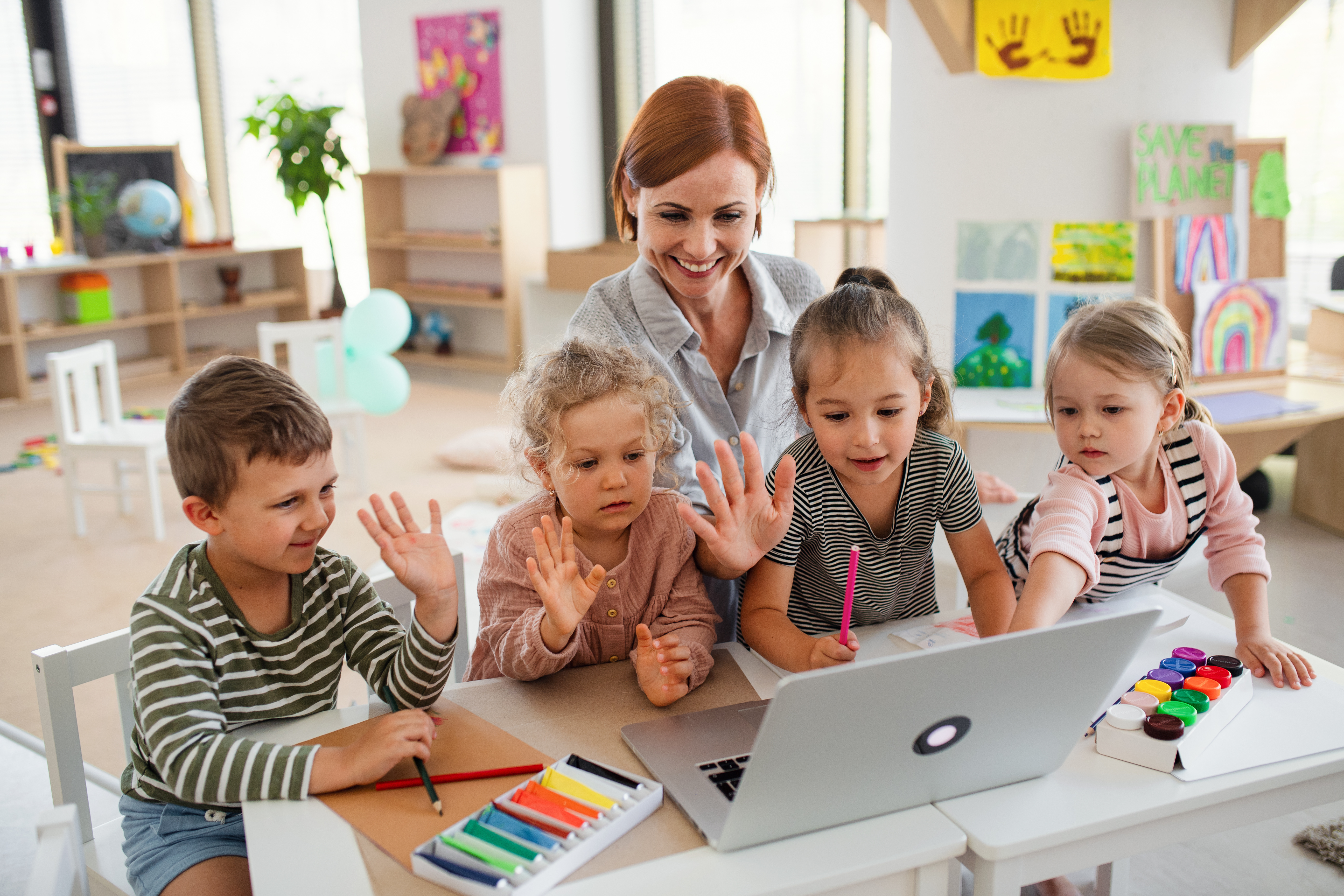Illustration of cloud-based childcare software with secure login and encryption icons