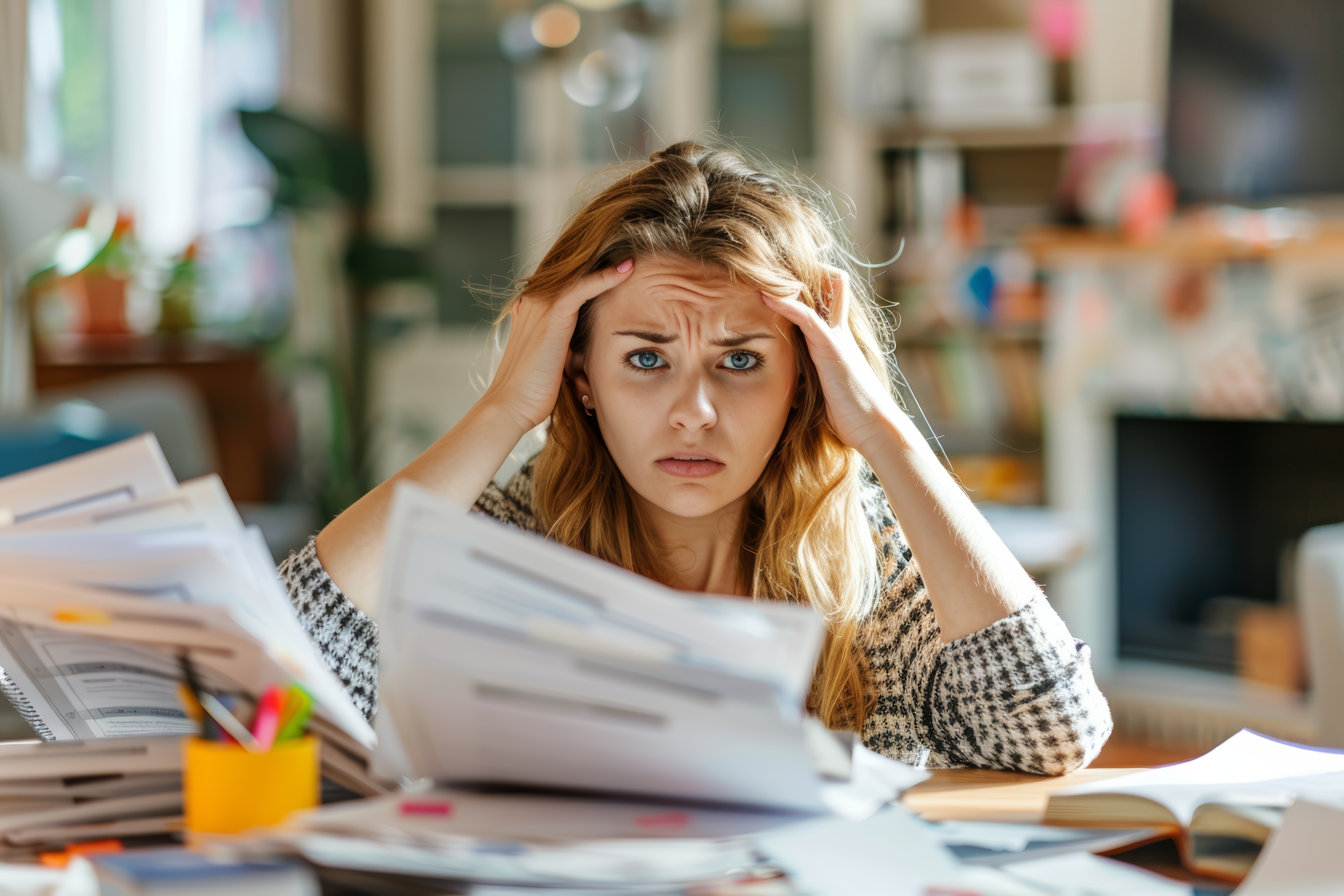 Stressed after-school director scrambling through papers during a surprise licensing inspection, surrounded by disorganized files and manual checklists.